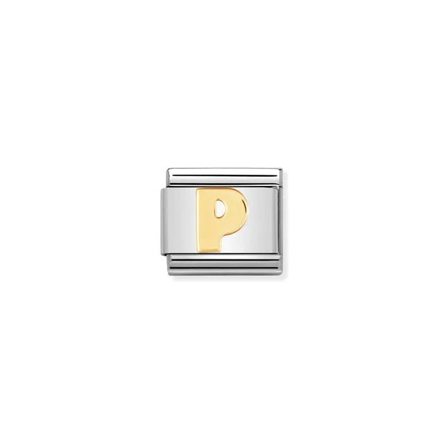 Nomination Letter P Classic Link charm in stainless steel with bonded yellow gold
