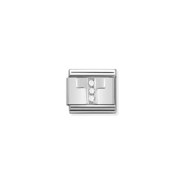 Close-up of Nomination Classic Link Letter T charm in stainless steel with a sterling-silver initial set with white cubic zirconia.