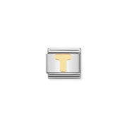 Nomination Letter T Classic Link charm in stainless steel with bonded yellow-gold initial