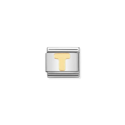 Nomination Letter T Classic Link charm in stainless steel with bonded yellow-gold initial