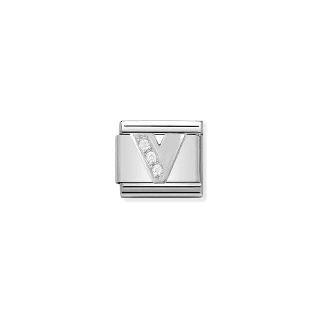 Close-up of Nomination Classic Link Letter V charm in stainless steel with a sterling-silver initial and white cubic zirconia, for Composable Classic bracelets.