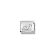 Close-up of Nomination Classic Link Libra zodiac charm in stainless steel with a sterling-silver symbol and white cubic zirconia, for Composable Classic bracelets.