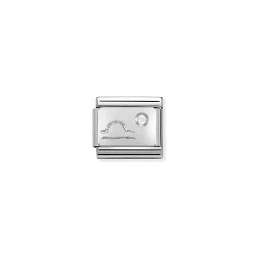 Close-up of Nomination Classic Link Libra zodiac charm in stainless steel with a sterling-silver symbol and white cubic zirconia, for Composable Classic bracelets.