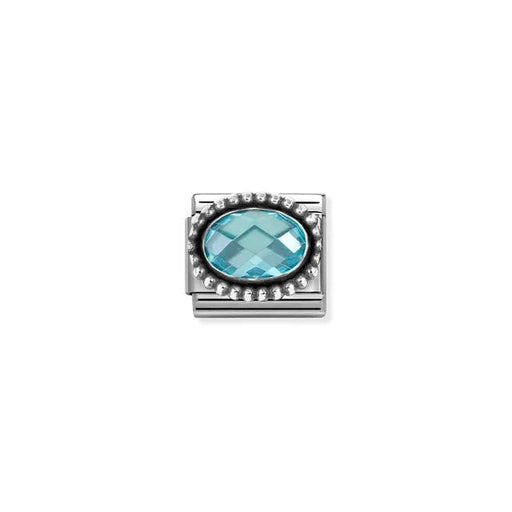 Light blue oval cubic zirconia Nomination Classic Link charm in beaded silver, close-up