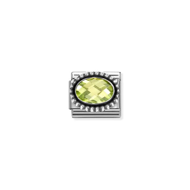 Light green oval cubic zirconia Nomination Classic Link charm with beaded silver frame, close-up