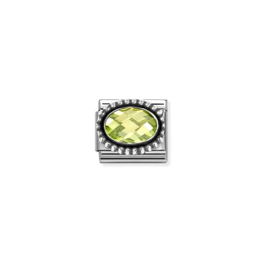 Light green oval cubic zirconia Nomination Classic Link charm with beaded silver frame, close-up