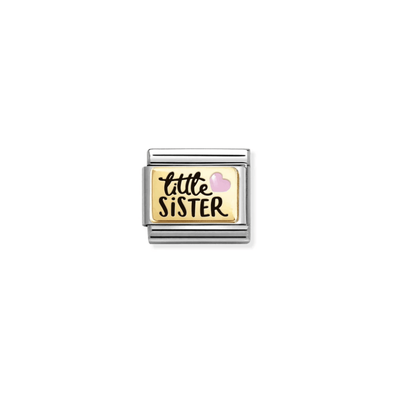 Nomination Little Sister Classic Composable Link with bonded yellow-gold plaque, black lettering and pink enamel heart.