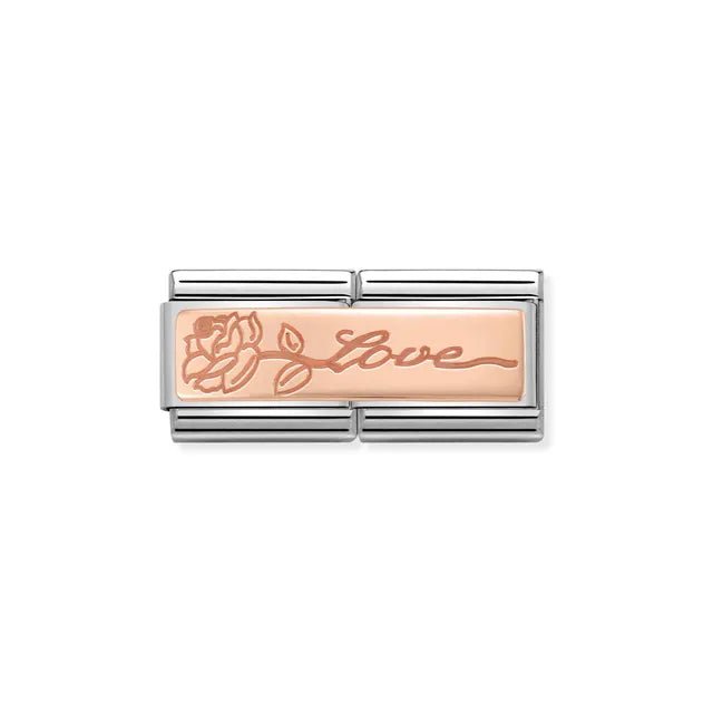 Nomination Double Link with rose gold Love and flower plaque, close-up