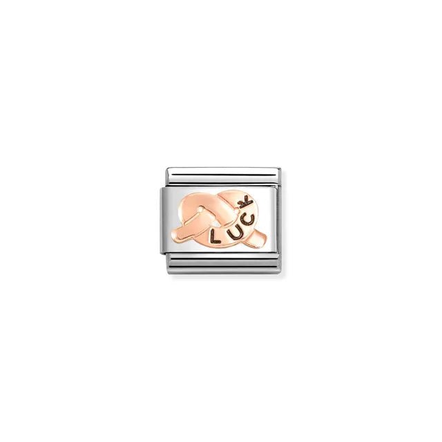 Nomination Classic Link charm with LUCK promise knot in bonded rose gold with black enamel on stainless steel, for a Nomination Bracelet