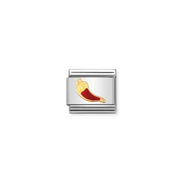 Nomination Classic Composable lucky horn charm link in stainless steel with yellow gold and red enamel