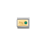 Nomination May emerald birthstone Link, yellow-gold plaque on stainless steel, Classic size, close-up on white.