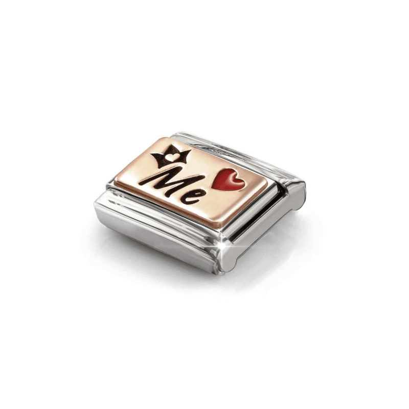 Nomination rose gold ME Classic Link with crown and red enamel heart, angled view