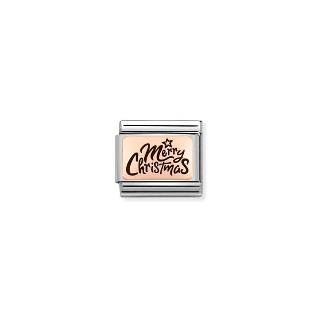 Merry Christmas Nomination Classic Link in bonded rose gold with black enamel, close-up