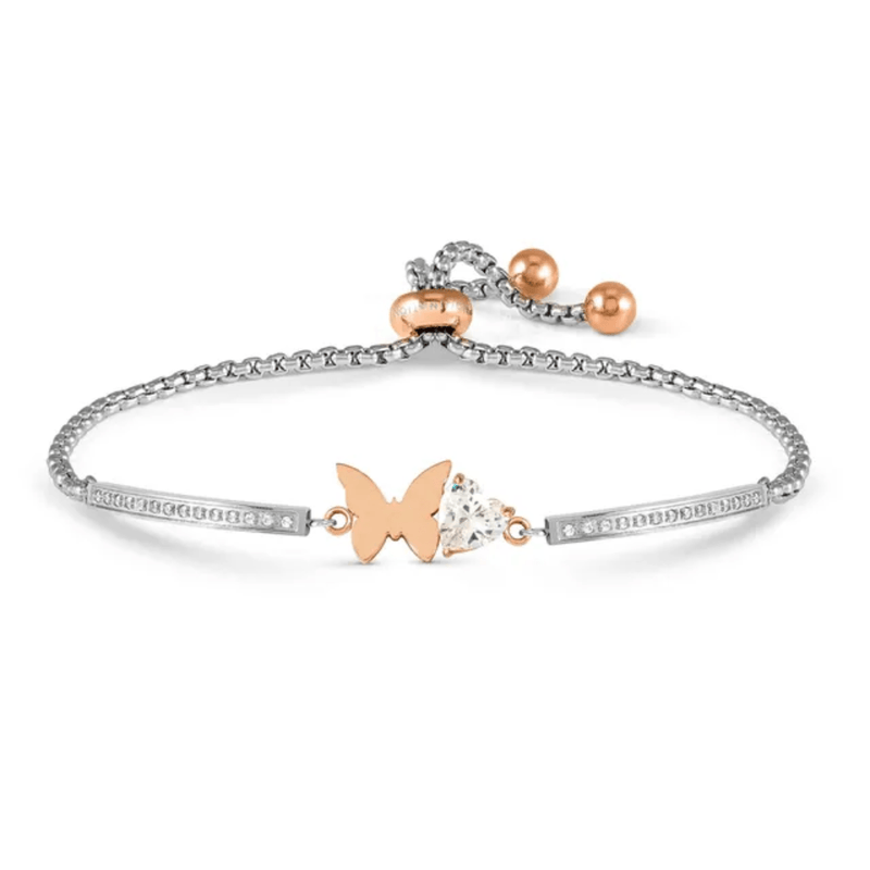 Nomination Milleluci Butterfly adjustable bracelet in rose gold-tone PVD with white cubic zirconia heartd