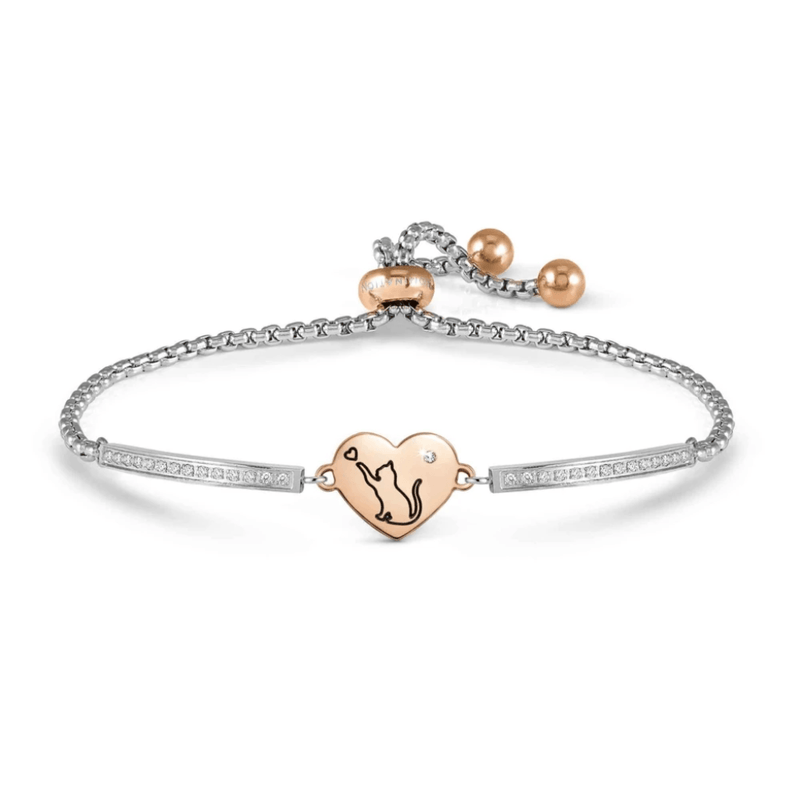 Nomination Milleluci Cat Heart bracelet with rose gold-tone PVD, black cat engraving and white Cubic Zirconia