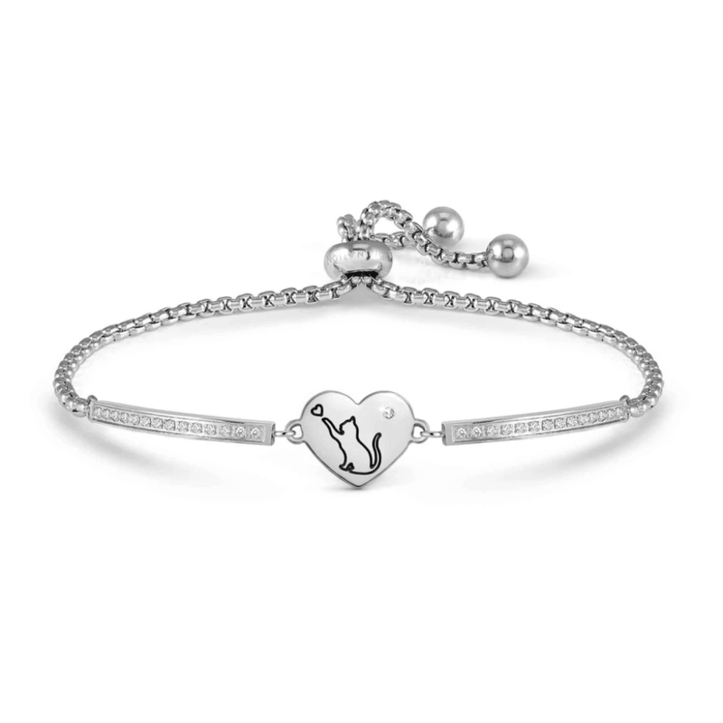 Nomination Milleluci Cat Heart bracelet in silver-tone stainless steel with black cat engraving and white Cubic Zirconia