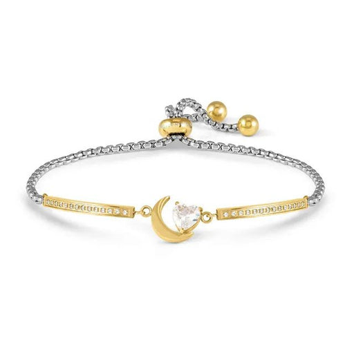 Nomination Milleluci Crescent Moon Bracelet in stainless steel with yellow-gold PVD and a heart-cut white CZ, adjustable slider chain on a white background.