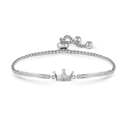 Nomination Milleluci Crown Bracelet in polished stainless steel with white Cubic Zirconia and an adjustable slider chain on a white background.