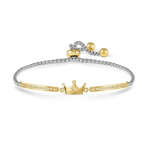 Nomination Milleluci Crown Bracelet in stainless steel with yellow-gold PVD and white Cubic Zirconia, adjustable slider chain on a white background.