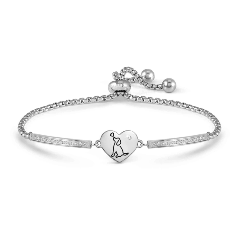 Nomination Milleluci Dog Heart bracelet in silver-tone stainless steel with black dog engraving and white Cubic Zirconia