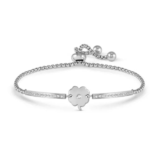 Nomination Milleluci Four-Leaf Clover Bracelet in polished stainless steel with white Cubic Zirconia and an adjustable slider chain on a white background.