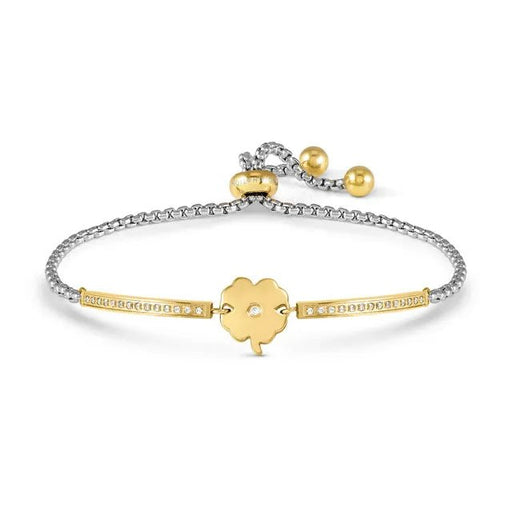Nomination Milleluci Four-Leaf Clover Bracelet in stainless steel with yellow-gold PVD and white Cubic Zirconia, adjustable slider chain on a white background.