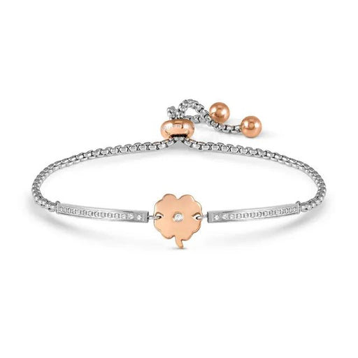 Nomination Milleluci stainless steel bracelet with pink PVD four-leaf clover and white cubic zirconia on an adjustable slider chain