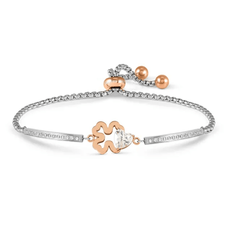 Nomination Milleluci Four Leaf Clover adjustable bracelet in rose gold-tone PVD with white cubic zirconia heart