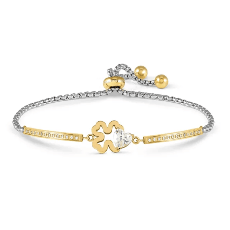 Nomination Milleluci Four Leaf Clover adjustable bracelet in yellow gold-tone PVD with white cubic zirconia heart