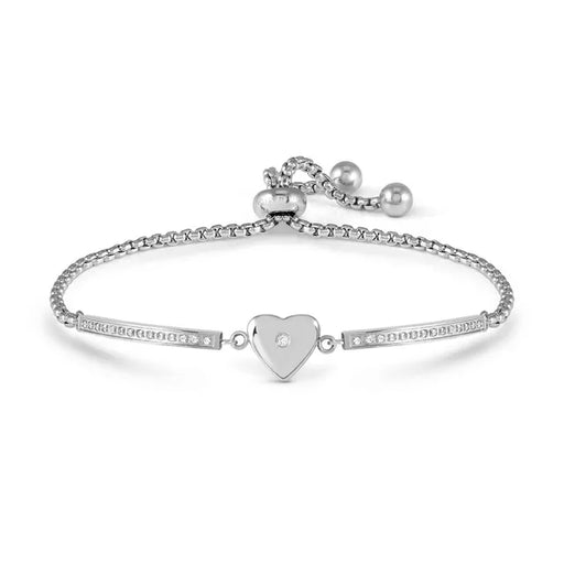 Nomination Milleluci Heart Bracelet in stainless steel with white Cubic Zirconia and adjustable slider chain on a white background.