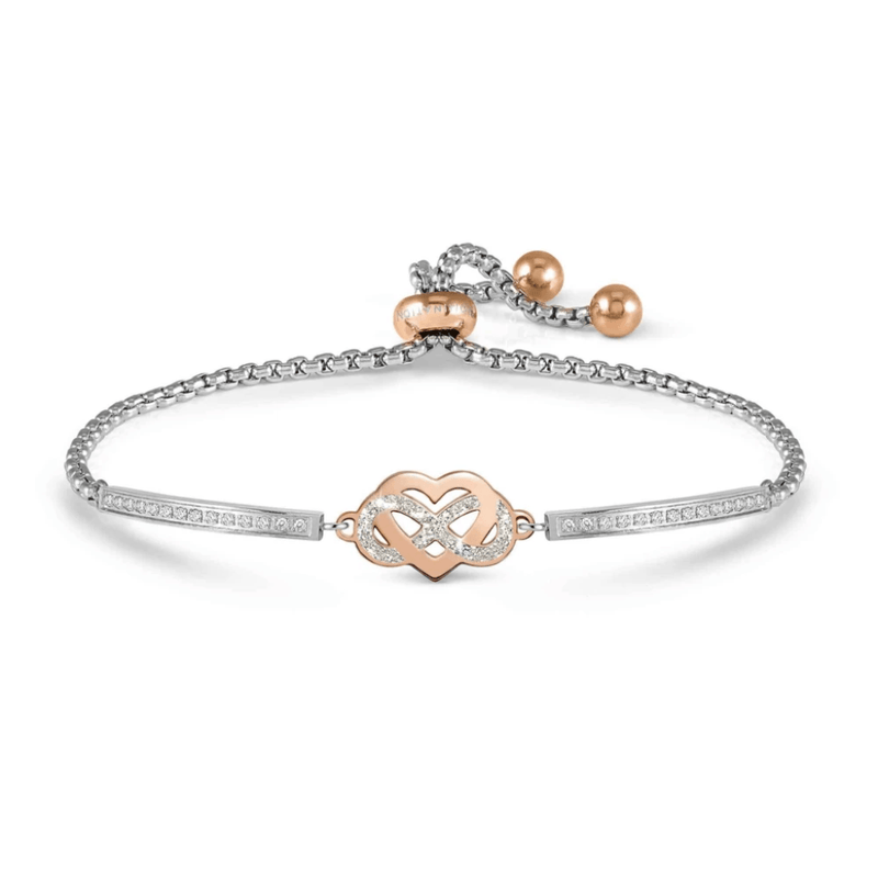 Nomination Milleluci Heart and Infinity bracelet with rose gold-tone PVD, glitter enamel and white Cubic Zirconia