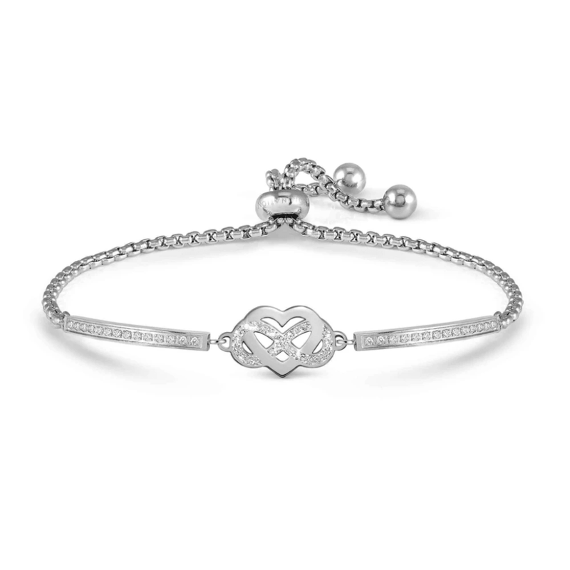 Nomination Milleluci Heart and Infinity bracelet in silver-tone stainless steel with glitter enamel and white Cubic Zirconia