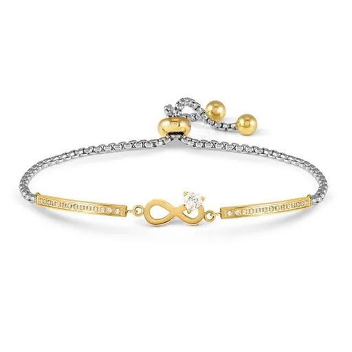 Nomination Milleluci Infinity Heart Bracelet in stainless steel with yellow-gold PVD, heart-cut white CZ and pavé bars; adjustable slider on white background.