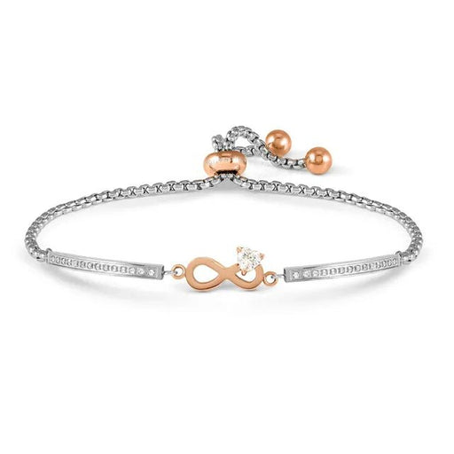 Nomination Milleluci stainless steel bracelet with pink PVD infinity symbol and white cubic zirconia heart on adjustable slider chain