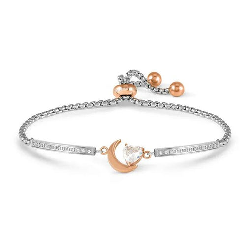 Nomination Milleluci stainless steel bracelet with pink PVD crescent moon and white cubic zirconia heart on adjustable slider chain