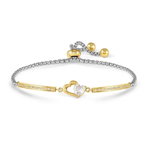 Nomination Milleluci Open Heart Bracelet in stainless steel with yellow-gold PVD and a heart-cut white CZ; adjustable slider chain on a white background.
