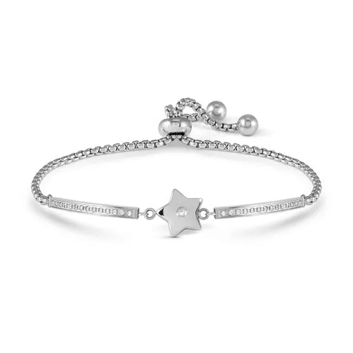 Nomination Milleluci Star Bracelet in polished stainless steel with white Cubic Zirconia and an adjustable slider chain on a white background.
