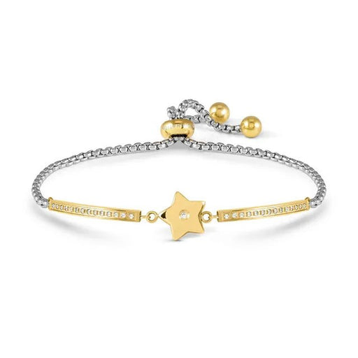 Nomination Milleluci Star Bracelet in stainless steel with yellow-gold PVD bars and white Cubic Zirconia; adjustable slide fastening.