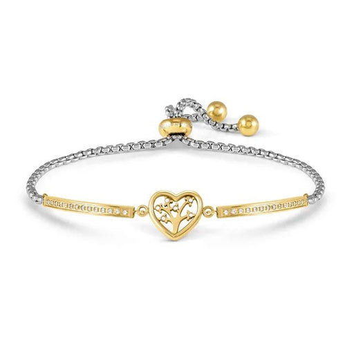 Nomination Milleluci Tree of Life Heart Bracelet in stainless steel with yellow-gold PVD and white Cubic Zirconia; adjustable slider chain on a white background.