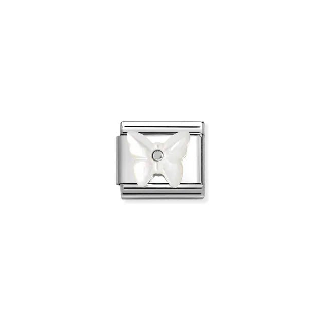Nomination Classic Link charm with raised white Mother of Pearl butterfly on stainless steel, for a Nomination Bracelet