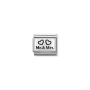 Nomination Mr & Mrs hearts charm in black enamel on a sterling-silver plaque, stainless-steel Classic Link for Composable bracelets.