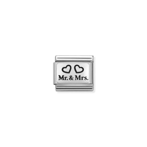 Nomination Mr & Mrs hearts charm in black enamel on a sterling-silver plaque, stainless-steel Classic Link for Composable bracelets.