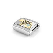Angled view of Nomination Mum Bear Link showing raised yellow-gold bear design, black lettering and light blue heart on stainless steel.