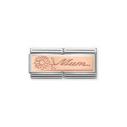 Nomination Double Link with rose gold Mum script and flower, close-up