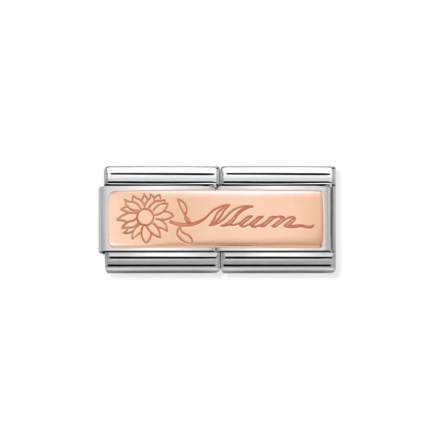 Nomination Double Link with rose gold Mum script and flower, close-up