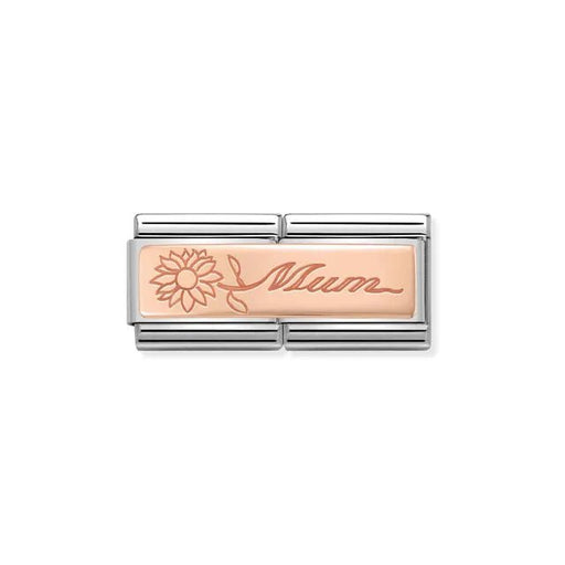 Nomination Double Link with rose gold Mum script and flower, close-up