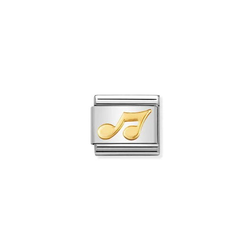 Nomination Composable Classic Link charm with yellow-gold musical note on a stainless-steel base, close-up on white background