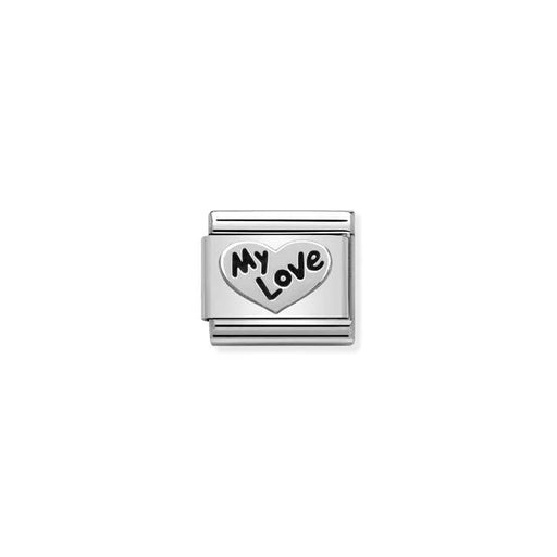 Nomination Classic link charm with My Love script on sterling silver heart, stainless steel