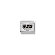 Nomination Classic link charm with Niece heart in sterling silver on stainless steel, black enamel script