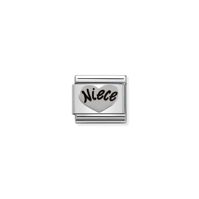 Nomination Classic link charm with Niece heart in sterling silver on stainless steel, black enamel script